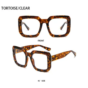 Front and 45-degree side views of tortoise shell square frames with clear lenses