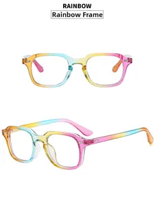 Detail of square rainbow gradient eyeglasses frame with silver metal hinges on white background