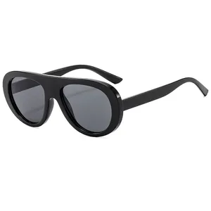 Retro oversized aviator sunglasses with flat top black frame and dark grey lenses