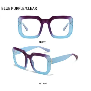 Detail view of square gradient blue purple sunglasses with clear lenses in dual perspectives