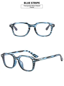 Detail view of transparent blue striped square eyewear frame with silver rivets
