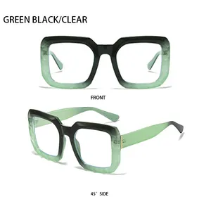 Detail view of square gradient green and black sunglasses showing front and side profile