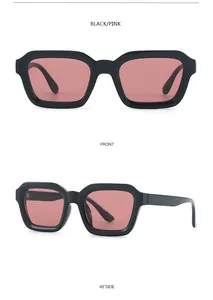 Vorder- und Seitenansicht der Vintage-Sonnenbrille mit schwarzem Rahmen und rosa Gläsern