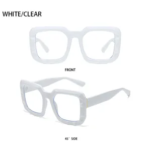 Front and side view of white geometric square sunglasses with thick acrylic frames