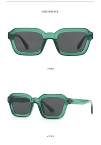 Front- und 45-Grad-Seitenansicht der grünen Vintage-Quadrat-Sonnenbrille mit CE-Zeichen