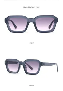 Detailansicht der quadratischen grauen Sonnenbrille mit rosa Verlaufsgläsern und Bügeln