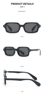 Detail view of black square sunglasses with side rivets and wide acetate temples