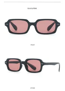 Front and 45-degree side views of black rectangular sunglasses with pink lenses and silver rivets