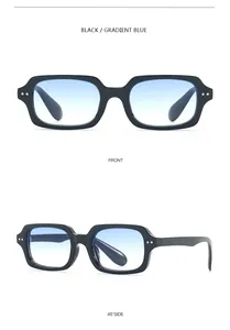 Detailed front and side views of vintage square sunglasses with gradient blue lenses