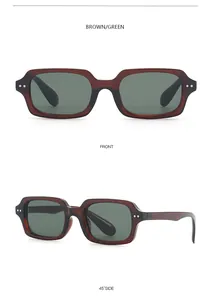 Macro detail of retro brown square sunglasses with silver rivet accents and green lenses