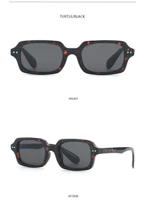 Front and 45-degree side views of retro tortoiseshell square sunglasses with silver rivets