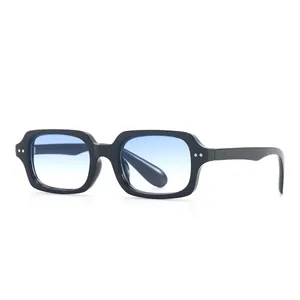 Retro black square frame sunglasses with blue gradient lenses and silver rivet accents