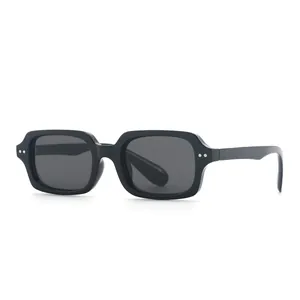 Retro square frame black sunglasses with decorative silver rivets and dark grey lenses