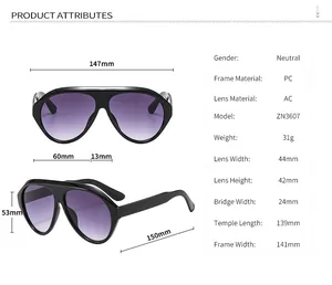 Detailed size chart for aviator sunglasses with dimensions and technical specifications