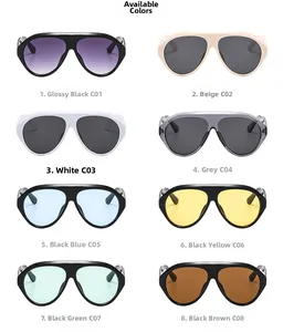 Detail view showing eight color variants of oversized pilot sunglasses with thick frames