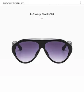 Detail of glossy black aviator sunglasses with gradient purple lenses for women