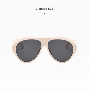 Detail view of large beige sunglasses with grey lenses and C02 model code