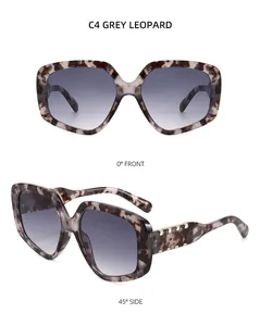 Détails des lunettes de soleil carrées léopard gris avec verres violets dégradés et or