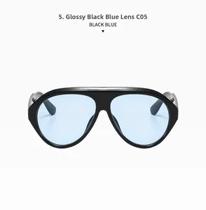 Detail of oversized black frame sunglasses with transparent blue lenses model C05