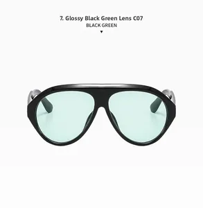 Front view of glossy black oversized sunglasses with light green lenses and C07 frame