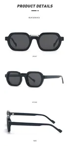 Three-angle views showing front and side details of black square frame sunglasses