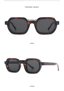 Detail of tortoise shell square sunglasses showing front and 45-degree side views