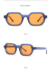 Retro square sunglasses in violet frames and orange lenses showing front and side views