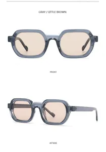 Front and 45-degree side view of square sunglasses with gray frames and brown lenses
