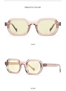 Detailed front and 45-degree side view of pink transparent square frame sunglasses