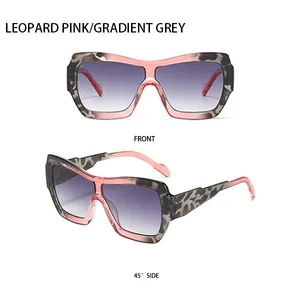 Vue détaillée de face et de côté de lunettes de soleil léopard rose avec verres dégradés gris
