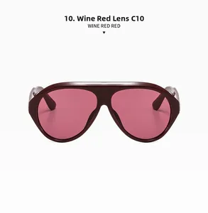 Detail of wine red aviator sunglasses with gradient lenses and top bar design