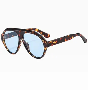 Detail of oversized tortoiseshell sunglasses with light blue lenses and chunky frame