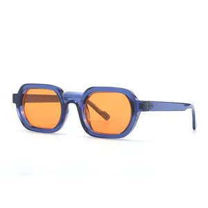 Retro square sunglasses with translucent blue frame and bright orange lenses