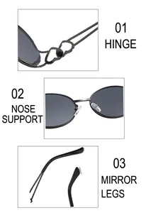 Detailansicht von Herz-Scharnier, Silikon-Nasenpads und ergonomischen Brillenbügeln der Sonnenbrille