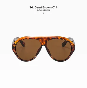 Detail view of large demi brown frame sunglasses with brown lenses and C14 model marking