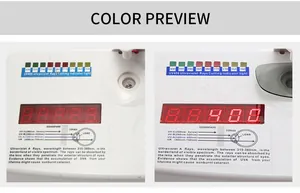 Détail du testeur de lentilles UV400 montrant l'écran LED et l'échelle du spectre UV sur l'appareil