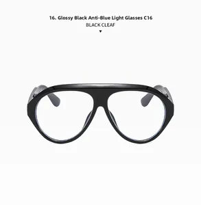 Front view of black oversized square glasses frames with blue light blocking clear lenses