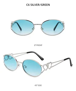 Detail der silbernen Metall-Sonnenbrille mit blau-grünen Verlaufsgläsern und herzförmigem Bügel