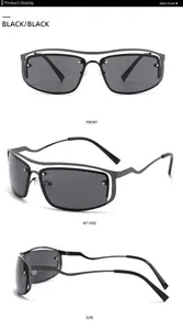 Détail de lunettes de soleil carrées en métal noir avec des verres foncés chic