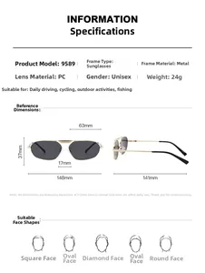 Size chart showing metal frame polygon sunglasses dimensions and model specifications