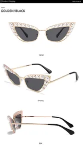 Trois vues de lunettes de soleil œil-de-chat dorées avec bordure en perles et verres noirs