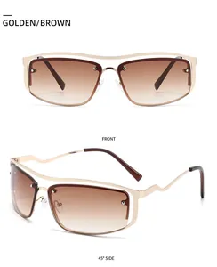 Vues de face et de côté à 45 degrés des lunettes de soleil carrées en métal doré et marron