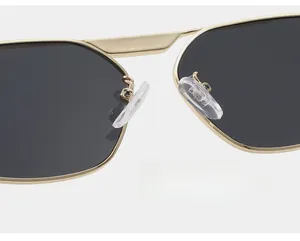 Detail of adjustable eco-friendly silicone nose pads on irregular polygon sunglasses