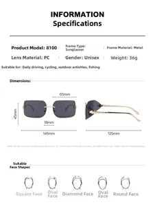 Tableau des tailles détaillé pour lunettes de soleil sans monture avec dimensions et détails