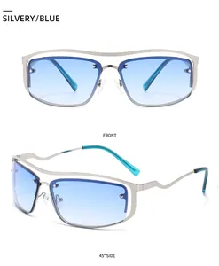Vue détaillée de lunettes carrées argentées avec verres dégradés bleus et branches ondulées