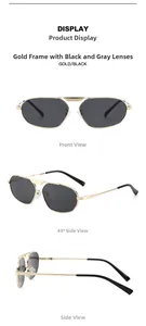 Multiple views of irregular polygon sunglasses with gold metal frames and dark lenses