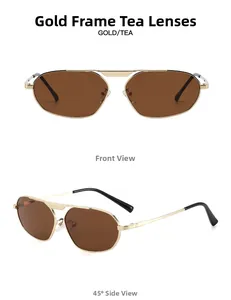 Irregular polygonal gold metal frame sunglasses with tea lenses from front and side angles