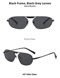 Front and side angles of black irregular polygon sunglasses with metal frames