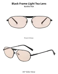 Detail view of aviator sunglasses with black metal frame and tea-colored lenses