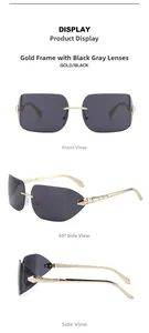 Lunettes de soleil sans monture avec verres gris foncé et branches dorées en métal